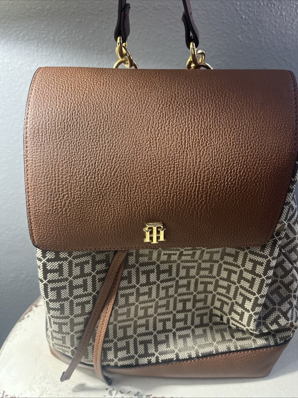 Tommy Hilfiger Monogram Adjustable Strap Flap Backpack Bag Purse Brown Women